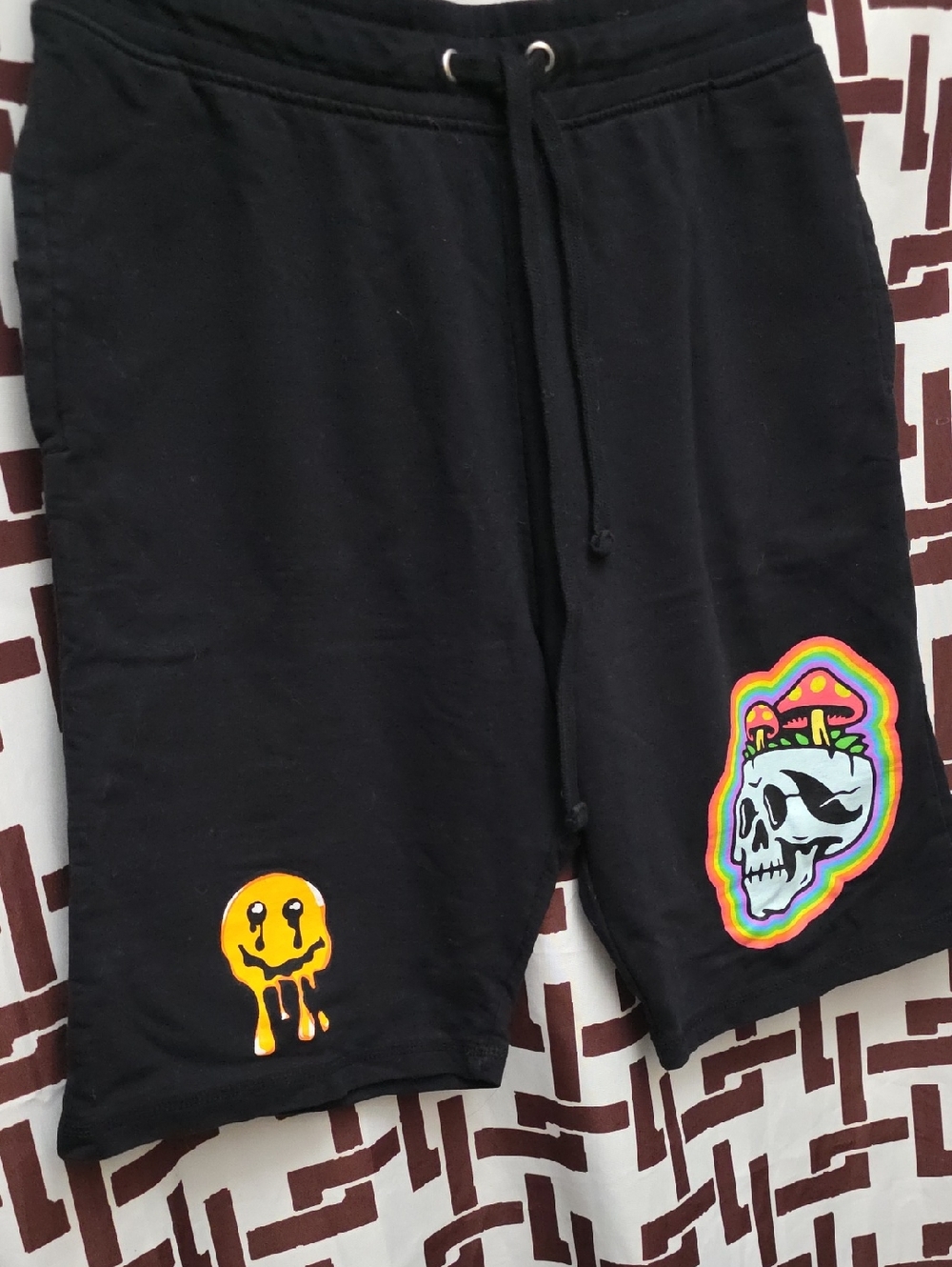 Men's Black Graphic Athletic Drawstring Shorts with Neon Skull and Drip Art